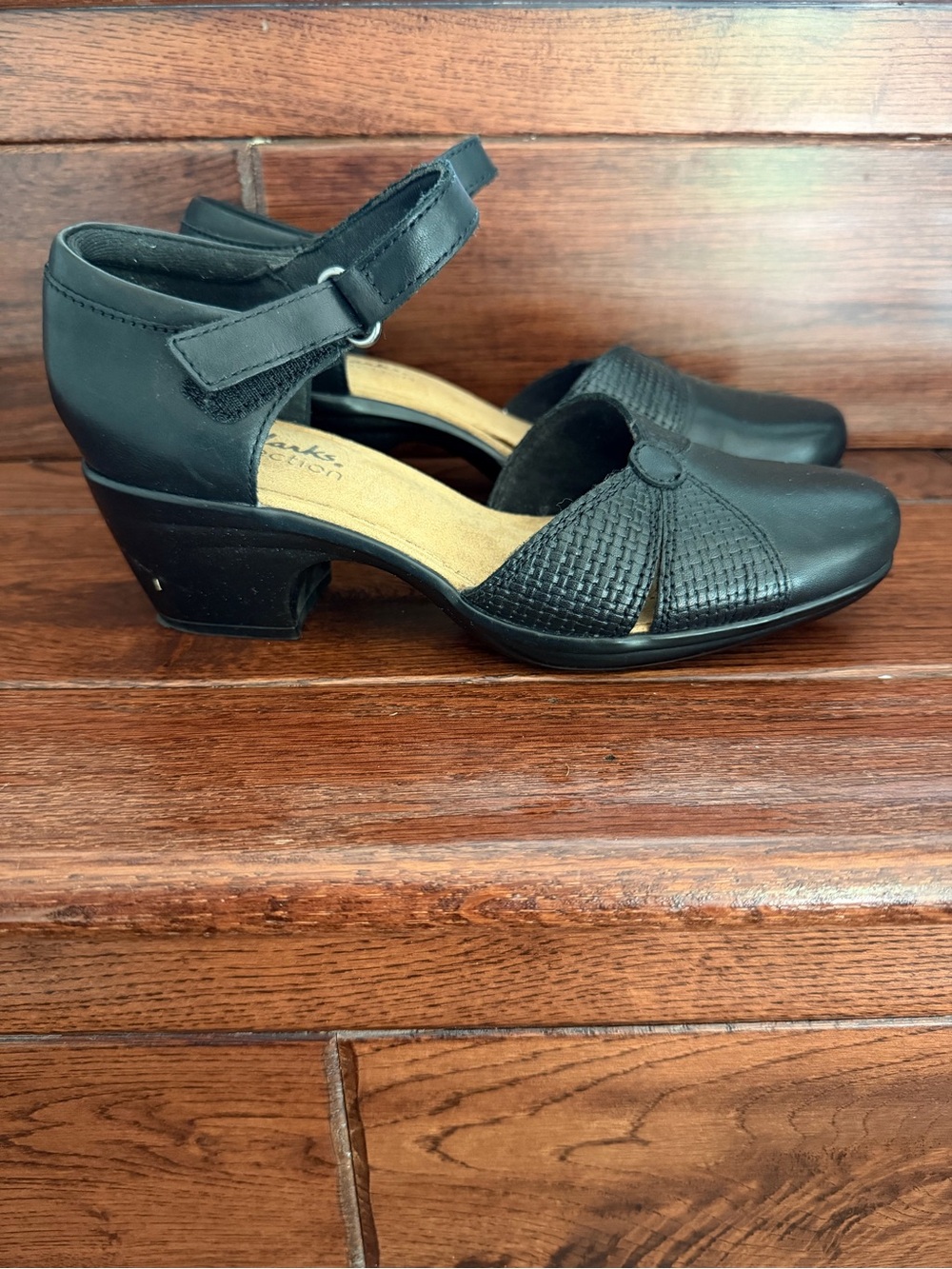 Clarks Women Comfort Black Low Block Heel Shoe with Ankle Strap